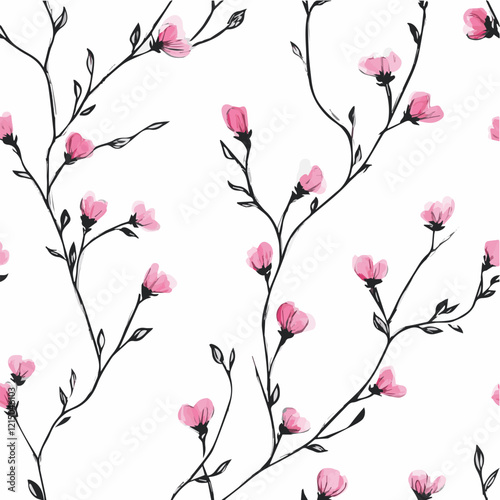 Seamless pattern of branch and flowers in wavy and vintage style