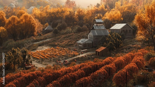Scenic Autumn Farm Landscape with Vintage Buildings and Vineyards