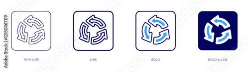 Roundabout safety icon in 4 different styles. Thin Line, Line, Bold, and Bold Line. Duotone style. Editable stroke