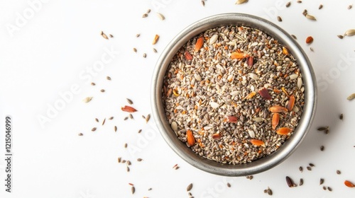 Close-up of a silver bowl filled with a mix of bird seeds assortment