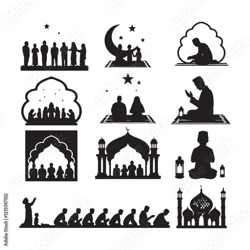 Man in different praying poses Man praying and praising God on knees silhouette set vector illustration Silhouette of people praying