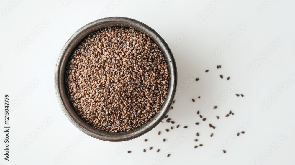 Overhead shot of buckwheat grains in bowl on white surface Overhead shot of buckwheat grains in bowl on white surface