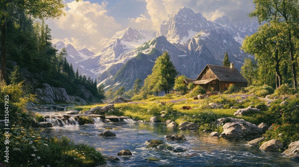 Fototapeta premium Idyllic Mountain Cabin Scene with Flowing Stream, Majestic Peaks and Lush Greenery