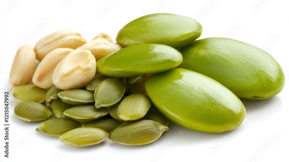 Variety of nuts and seeds arranged creatively on a white background for healthy snacking options Variety of nuts and seeds arranged creatively on a white background for healthy snacking options