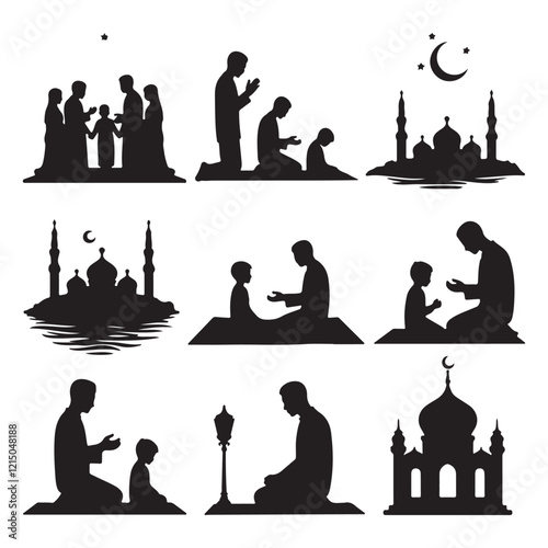 Man in different praying poses Man praying and praising God on knees silhouette set vector illustration Silhouette of people praying