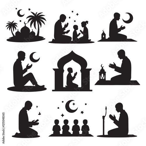 Man in different praying poses Man praying and praising God on knees silhouette set vector illustration Silhouette of people praying