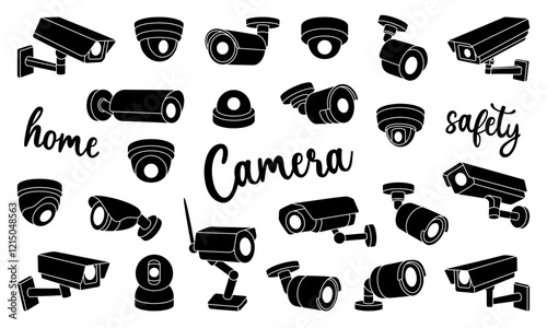 Black security cameras set. Safety home protection system. Vector illustration.