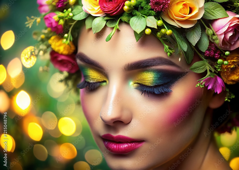 Fototapeta premium Low Light Spring Makeup: Garden Eyebrow & Floral Details - Stock Photo