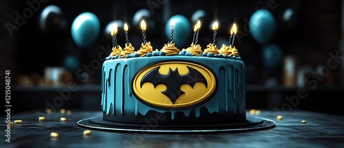Batman-themed birthday cake with candles and balloons.