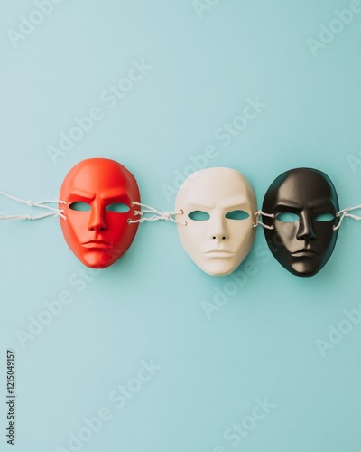 Contemporary Expression Series Diverse Mask Trio on Pastel Backdrop - Visual Campaign for Humanitarian Awareness and Speech Rights Advocacy in Modern Design photo