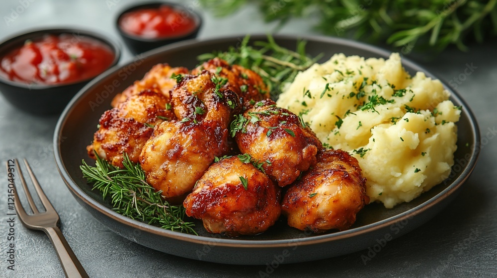 Roasted chicken pieces with mashed potatoes and ketchup. Roasted chicken pieces with mashed potatoes and ketchup.