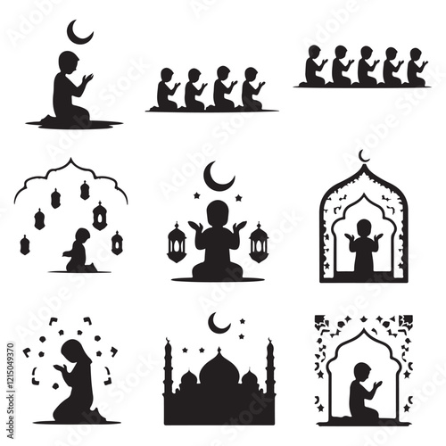 Man in different praying poses Man praying and praising God on knees silhouette set vector illustration Silhouette of people praying