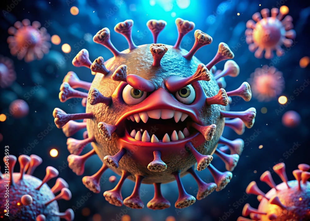 Furious Cartoon Coronavirus Drone Aerial Shot: Glaring Teeth, 3D Render Furious Cartoon Coronavirus Drone Aerial Shot: Glaring Teeth, 3D Render
