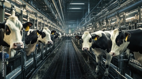 Cows in a modern dairy farm facility look out from their stalls photo