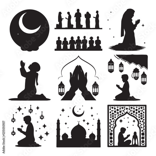 Man in different praying poses Man praying and praising God on knees silhouette set vector illustration Silhouette of people praying