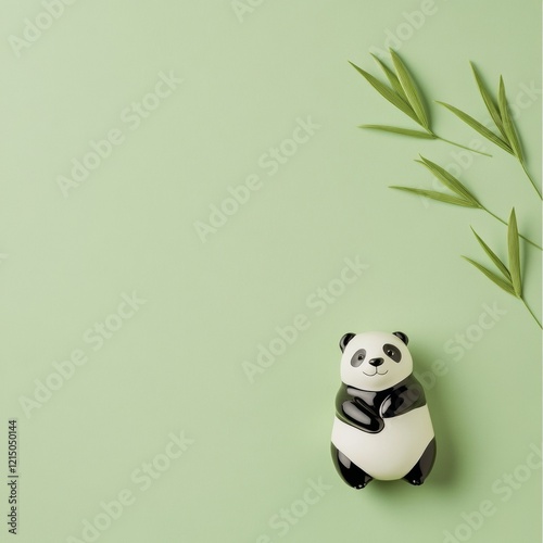 Minimalist Panda Decor Handcrafted Ceramic Figurine on Pastel Green with Bamboo - Whimsical Gifts and Wildlife Preservation Marketing photo