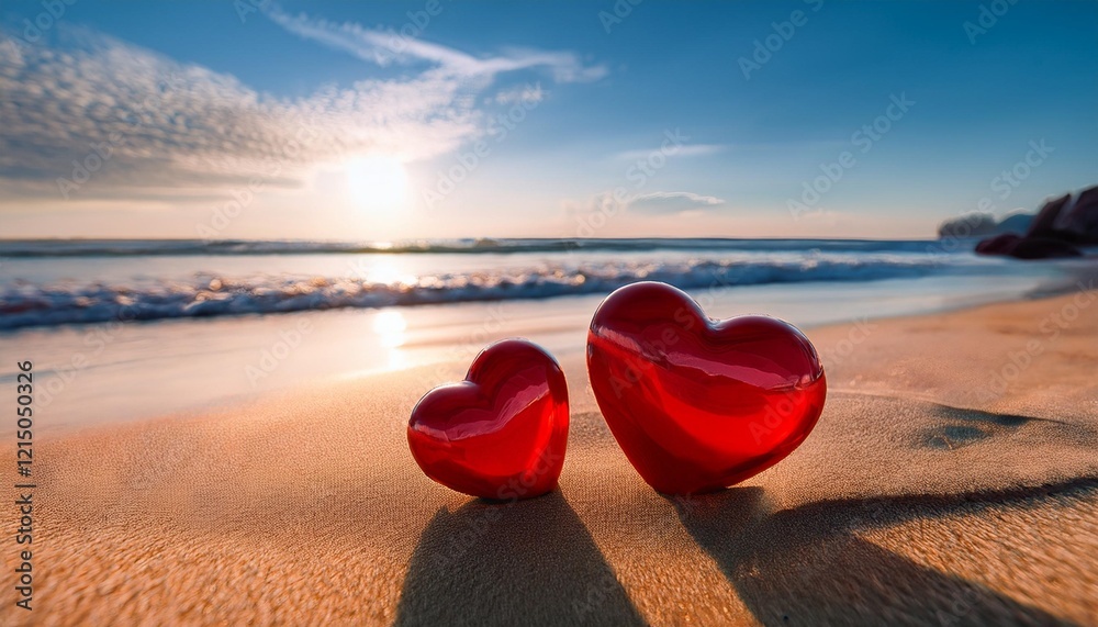 Two Red Heart-Shaped Stones on the Sandy Beach, Symbolizing Love and Connection by the Ocean Two Red Heart-Shaped Stones on the Sandy Beach, Symbolizing Love and Connection by the Ocean