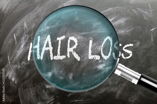 Hair Loss - learn, study and inspect it. Taking a closer look at hair loss. A magnifying glass enlarging word 'hair loss' written on a blackboard ,3d illustration photo