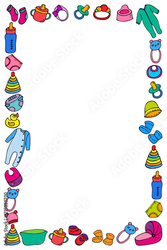 a frame of colored drawings of toys and items for newborns, hand-drawn in a cartoon style.