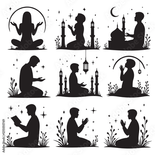 Man in different praying poses Man praying and praising God on knees silhouette set vector illustration Silhouette of people praying