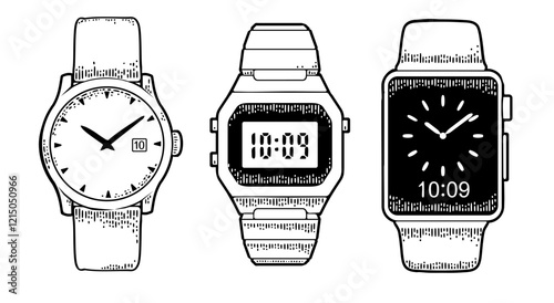 Electronic and mechanical metal wristwatch, smart watch. Vintage vector black engraving illustration for info graphic, poster, web. Isolated on white background.