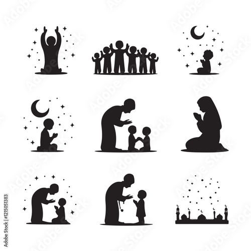Man in different praying poses Man praying and praising God on knees silhouette set vector illustration Silhouette of people praying