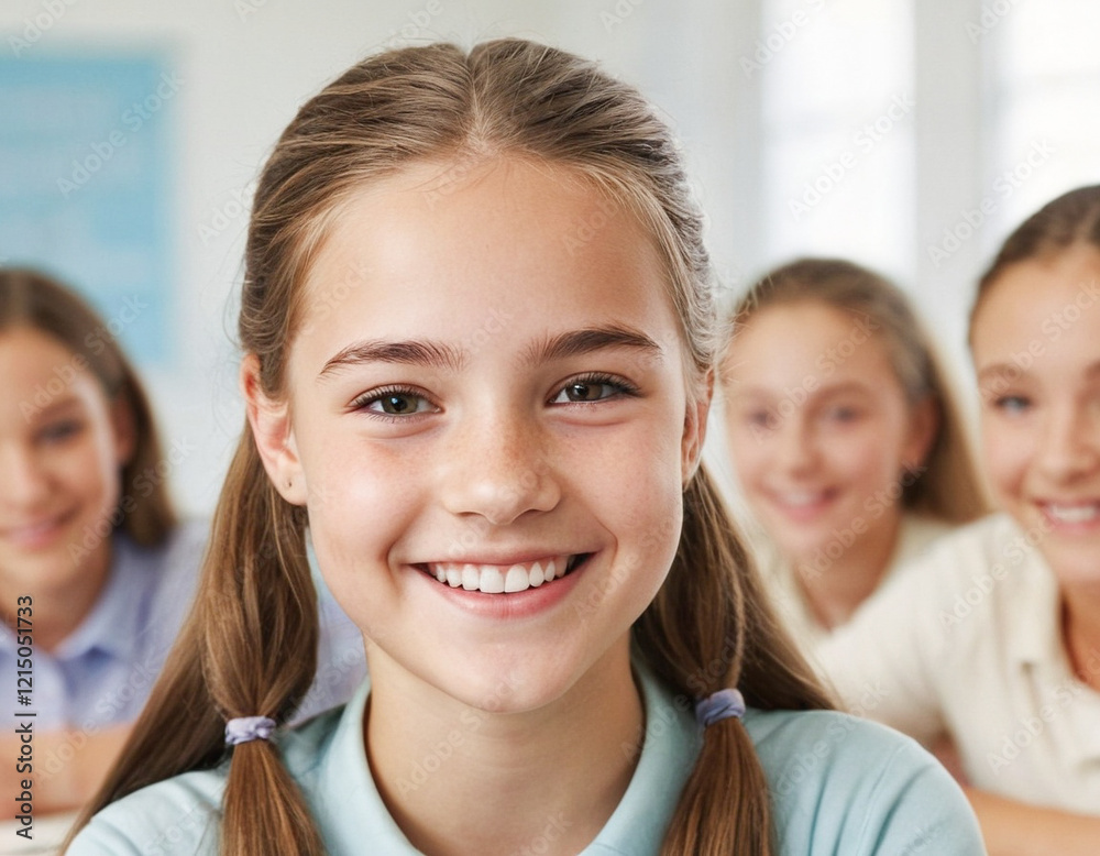 Lächelnde motivierte Schülerin in weiterführender Schule im Klassenraum Lächelnde motivierte Schülerin in weiterführender Schule im Klassenraum