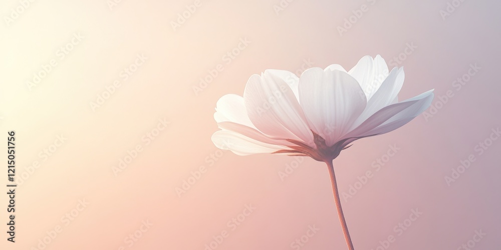 Obraz premium Delicate white flower with softly layered petals stands against a gentle pastel background during sunset, evoking a sense of calm and beauty in nature
