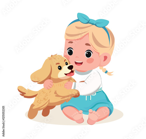 happy cute little baby girl kid play with dog