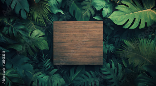 A square wooden board is centered within a vibrant arrangement of lush green tropical leaves, creating a harmonious blend of nature and rustic wood. photo