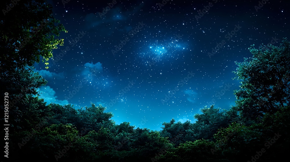 Fototapeta premium Starry Night Sky Over Lush Green Forest Landscape Under Moonlight