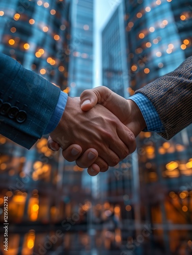 Corporate handshake, detailed view of two business professionals in a moment of agreement, skyscraper office background,