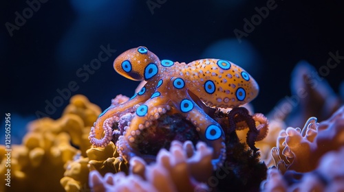 Tiny blue ringed octopus resting a coral reef its vibrant blue markings glowing vividly under soft underwater lighting captured with a macro lens for striking contrast