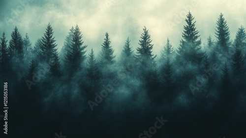 A green forest background with mist and fog, evoking calmness and tranquility, perfect for nature-inspired designs with a minimalistic, bright tone and blurred effects, offering empty space for captio photo