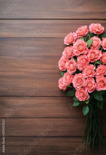 Beautiful Bouquet of Pink Roses on Smooth Wooden Plank Background