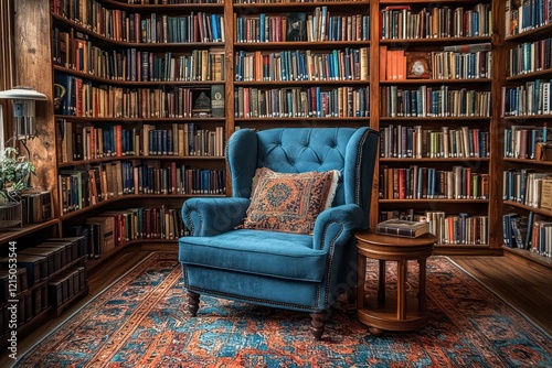 A cozy study room with bookshelves full of books and a comfortable chair, perfect for quiet reading