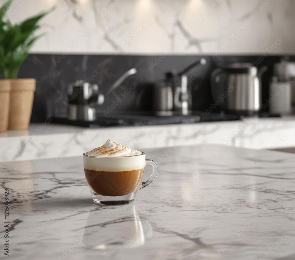 Obraz premium Aromatic foam topped espresso on a marble countertop , kitchen, aroma, marble