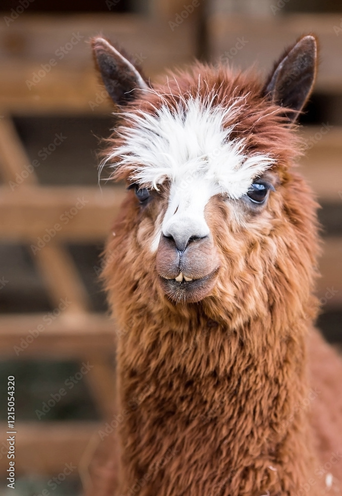 Fototapeta premium A picturesque scene, a brown llama in a pen. The concept of animal husbandry and rural life. Portrait of a smiling lama in the fresh air. Close-up. A pet on a private eco-farm. Agricultural industry.