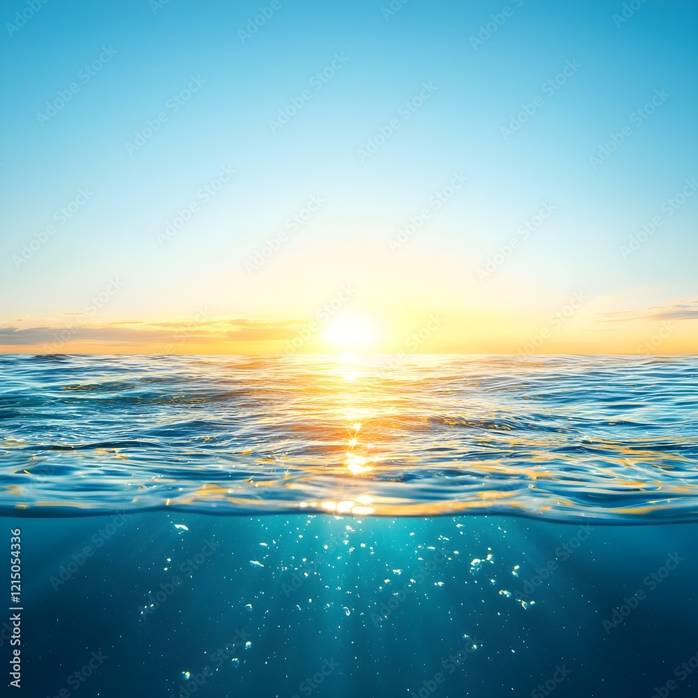 Obraz premium Tranquil Ocean Waves Under a Brilliant Sunrise Over the Horizon