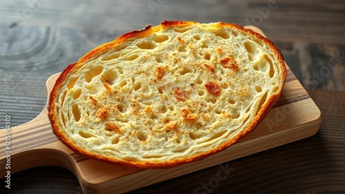 Aromatic roasted artesian bread slice on a wooden cutting board, crunchy, toasted, snack