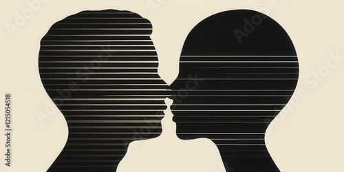 Silhouettes of a human and a robot face each other, illustrating the relationship between humanity and technology with sleek lines dividing them