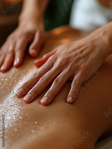 a close-up image of a professional therapeutic massage in progress. The image should focus on the hands of the masseuse as they apply a gentle yet firm touch to the client's lower back