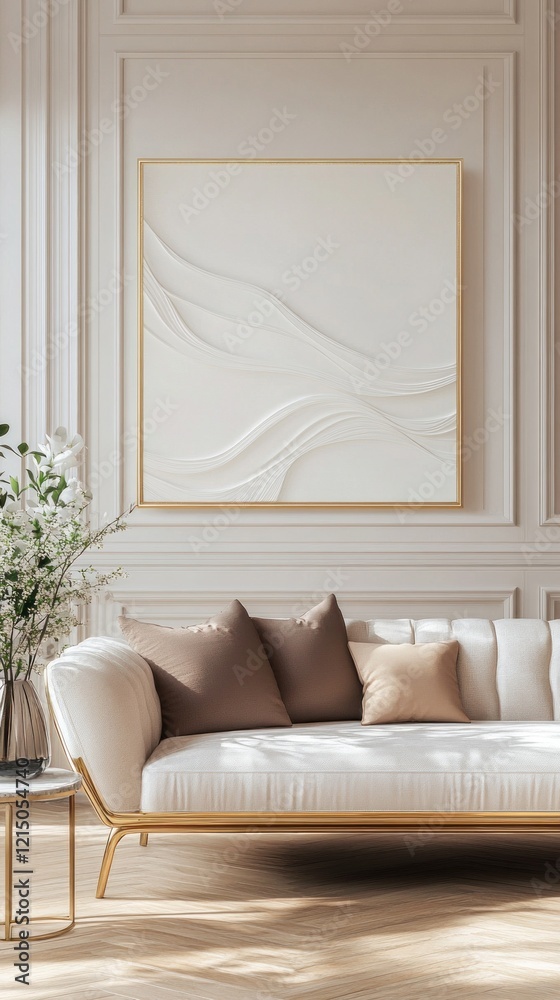 Naklejka premium Elegant Living Room Interior with White Sofa and Abstract Art
