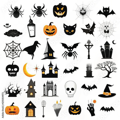 A collection of halloween icons including a castle and a castle
