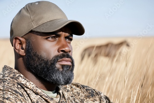 Man in camouflage attire observing wildlife in a tall grass field during a clear day photo