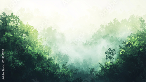 A green forest background with mist and fog, evoking calmness and tranquility, perfect for nature-inspired designs with a minimalistic, bright tone and blurred effects, offering empty space for captio photo