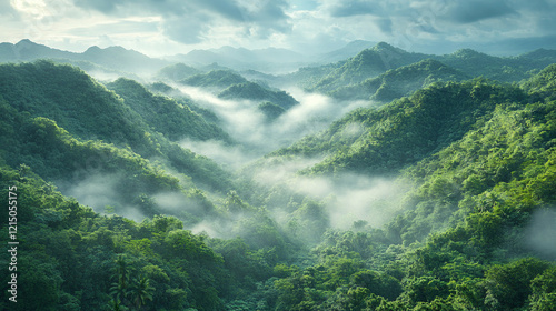 A green forest background with mist and fog, evoking calmness and tranquility, perfect for nature-inspired designs with a minimalistic, bright tone and blurred effects, offering empty space for captio photo