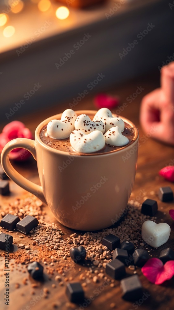 A nice, cute cup of cocoa with marshmallow hearts. A cozy, romantic photo A nice, cute cup of cocoa with marshmallow hearts. A cozy, romantic photo