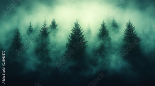 A green forest background with mist and fog, evoking calmness and tranquility, perfect for nature-inspired designs with a minimalistic, bright tone and blurred effects, offering empty space for captio photo