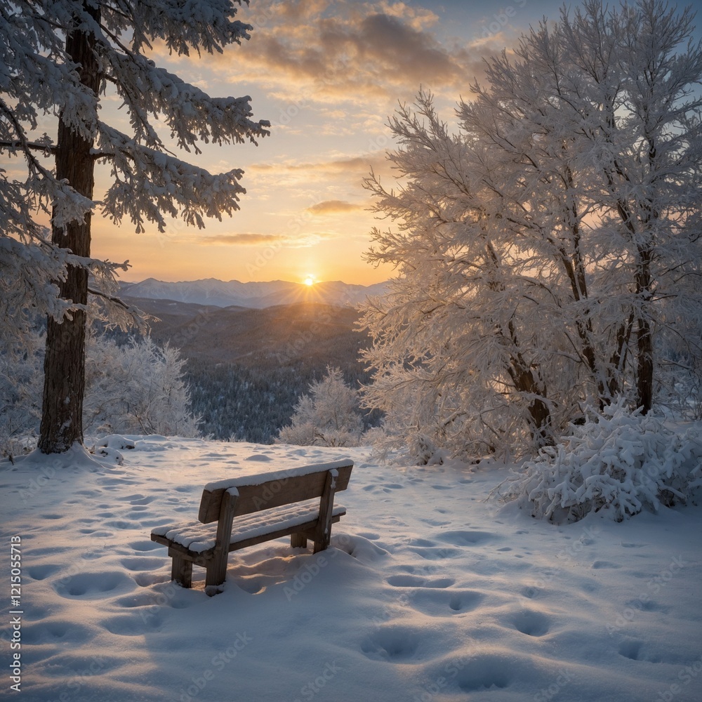 A solitary wooden bench nestled in a winter wonderland, blanketed in pristine snow with a golden sunrise illuminating the frosted branches of nearby trees. A solitary wooden bench nestled in a winter wonderland, blanketed in pristine snow with a golden sunrise illuminating the frosted branches of nearby trees.